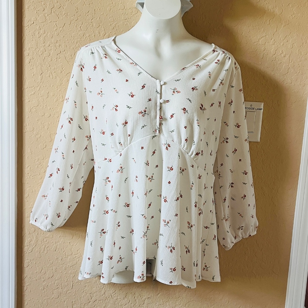 Zenobia Ivory White Smocked Peplum Top Womens 1XL Romantic Cottagecore Boho